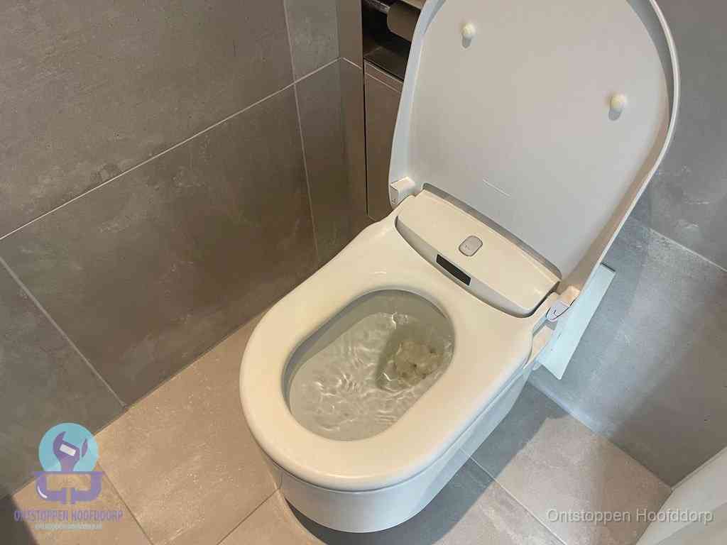 Een toiletpot vol troebel water met drijvend papier en restanten, de meest voorkomende oorzaak van een verstopte wc in Hoofddorp